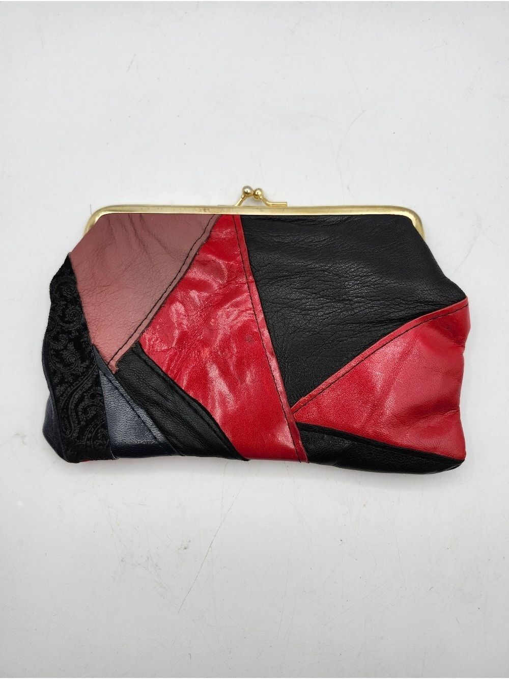 Vintage Leather Y2K Patchwork Clutch Wallet - Red & Black